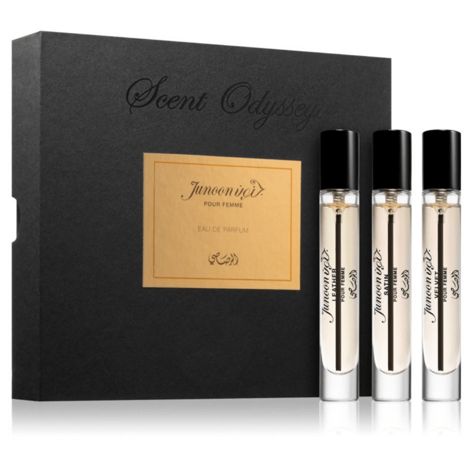 Rasasi Scent Odyssey Junoon perfume gift set with three 7.5ML spray bottles, elegant packaging, and floral fragrance design