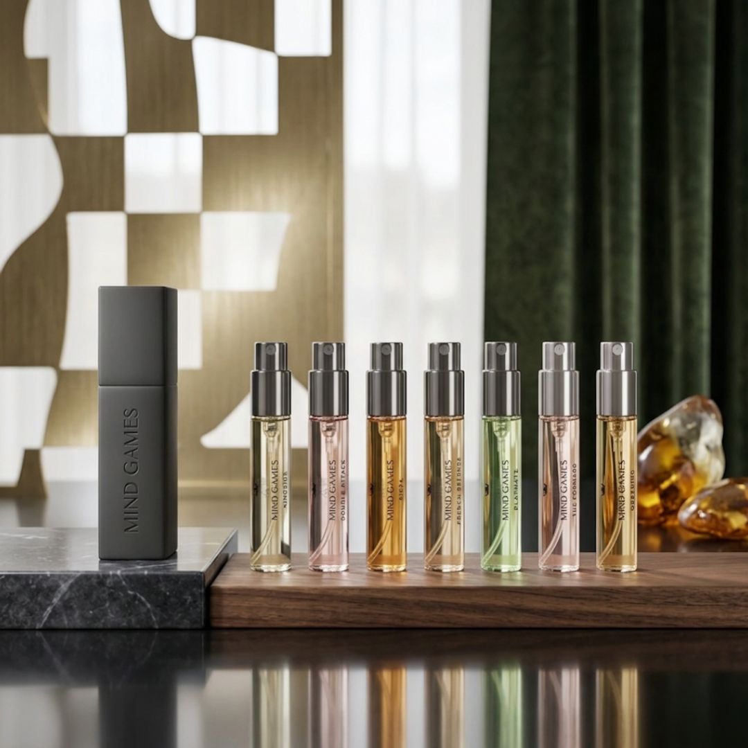 Mind Games Olfactive Amber 7-piece discovery set with seven 7.5ml bottles, showcasing amber fragrances in a collection.