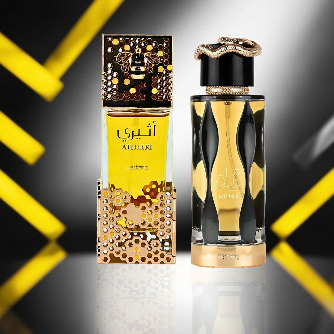Atheeri & Teriaq Intense Eau de Parfum Sprays 100ml (3.4 oz) by Lattafa | Ethereal Florals Meet Spicy-Sweet Indulgence in This Beautifully Balanced Bundle. (Bundle)