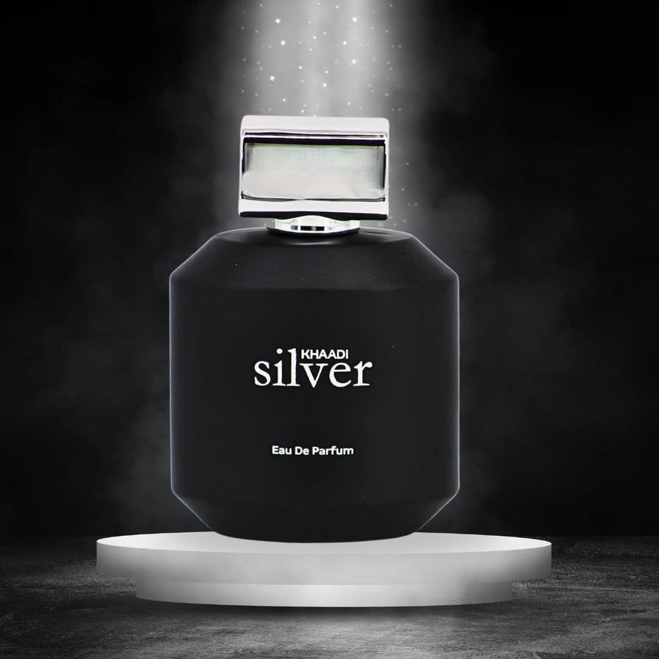 Silver Eau de Parfum spray by Khaadi, 100ml bottle with elegant silver packaging and a sleek, modern design.
