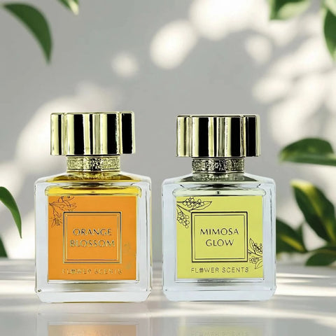 Bundle of Flower Scents Orange Blossom and Mimosa Glow Eau de Parfum sprays in 65ml bottles, featuring floral fragrance packaging.