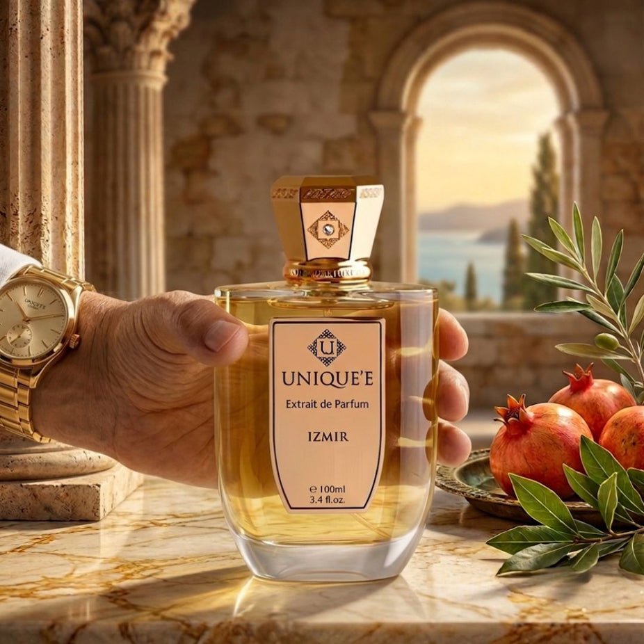 Izmir Extrait de Parfum spray by Unique'e Luxury, 100ml bottle with elegant design, showcasing the luxurious fragrance container.
