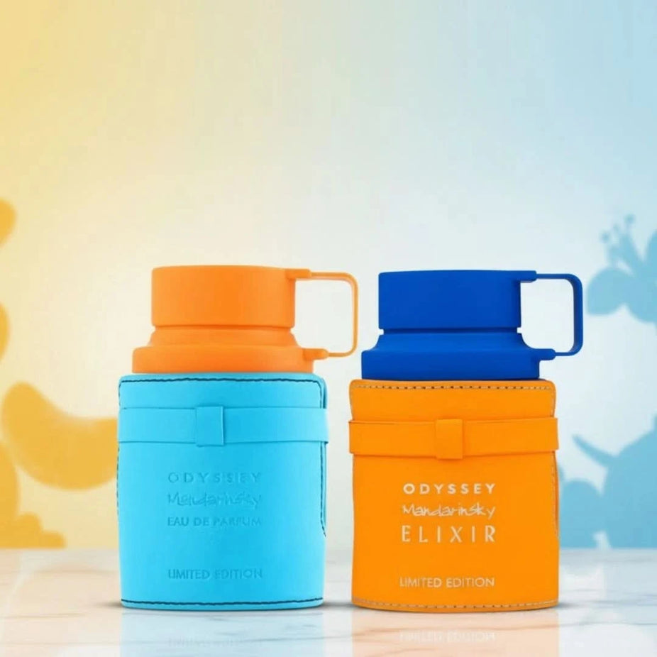 Bundle of two Odyssey Mandarin Sky Eau de Parfum sprays by Armaf, featuring sleek 100ml bottles with vibrant orange and blue accents.