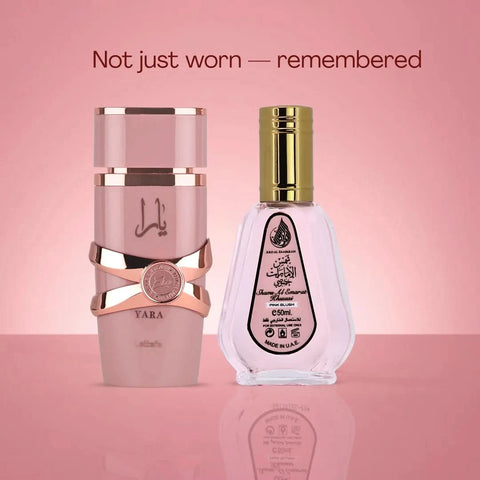 Yara Elixir Eau De Parfum Spray 100ml (3.4 oz) by Lattafa & Pink Blush Shams Al Emarat Khususi Eau de Parfum Spray 50ml (1.7 oz) by Ard Al Zaafaran (Bundle) - Intense Oud