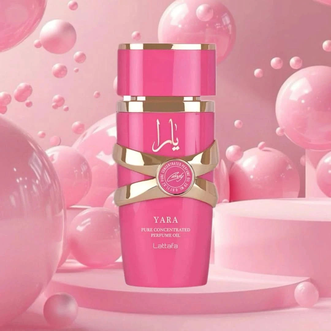 Lattafa Yara Candy concentrated perfume oil in 20ml bottle, displayed with velvet pouch and clear glass container.