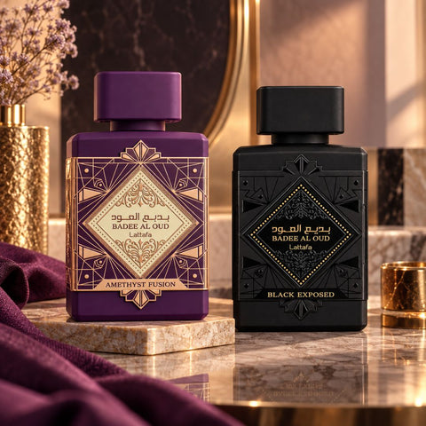 Bade'e Al Oud Amethyst Fusion & Black Exposed Eau de Parfum Sprays 100ml (3.4 oz) by Lattafa (Bundle)