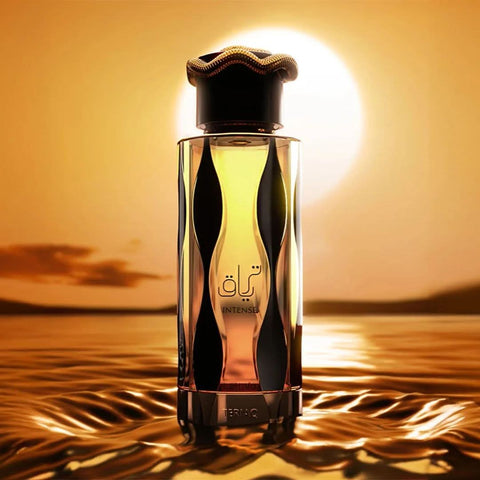 Lattafa Teriaq Intense Eau de Parfum spray 100ml with velvet pouch, showcasing the elegant fragrance bottle and packaging.