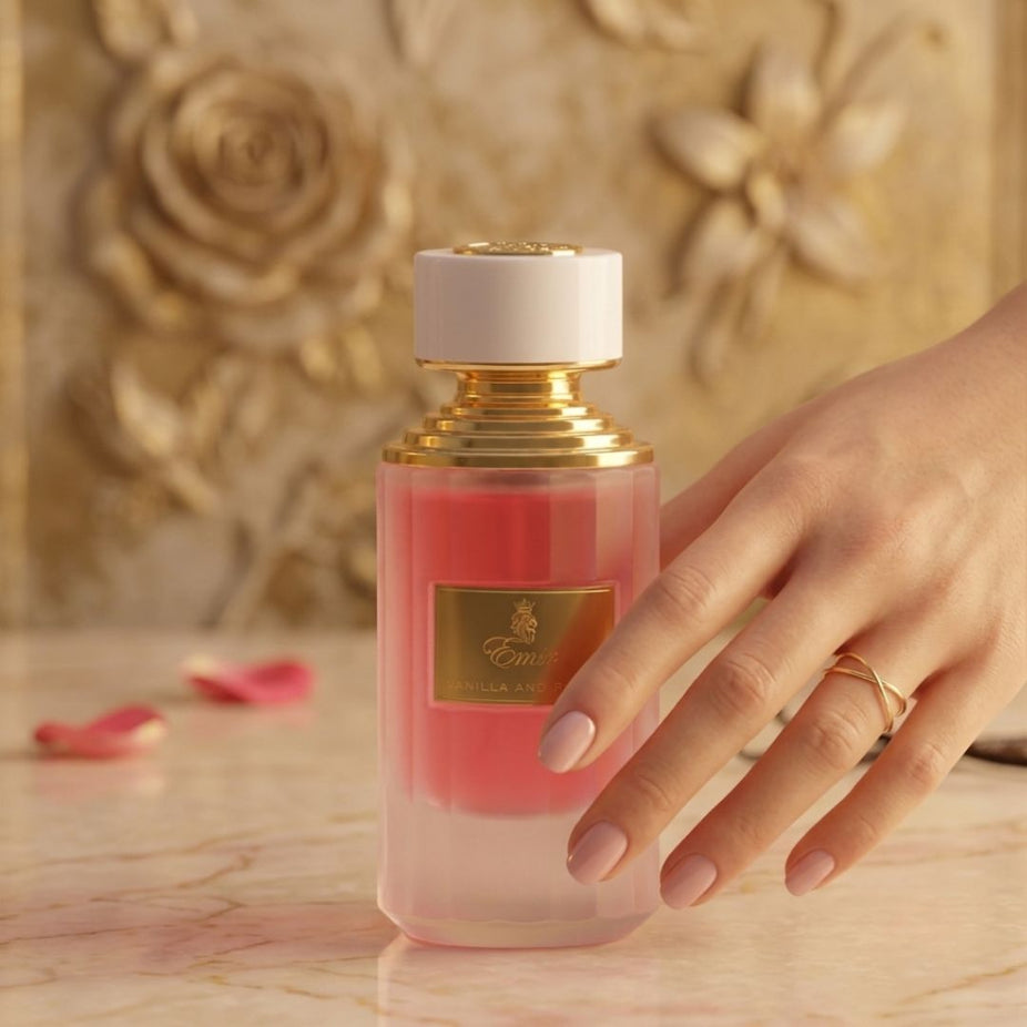 Emir Vanilla and Roses Eau de Parfum spray by Paris Corner, 100ml, featuring a sleek glass perfume bottle with floral and vanilla accents.