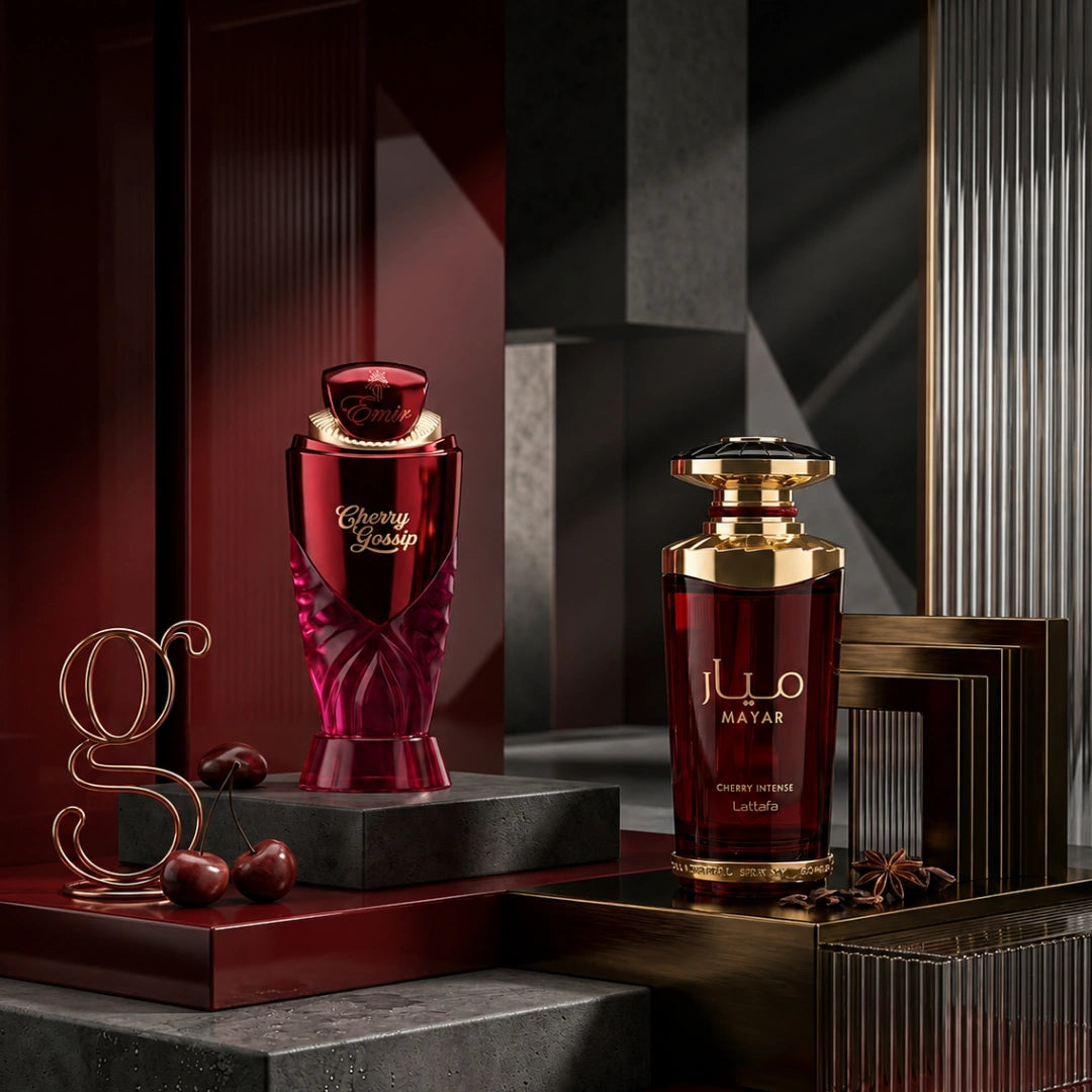 Mayar Cherry Intense and Cherry Gossip Eau de Parfum sprays by Intense Oud in 100ml bottles, showcased together in a bundle.