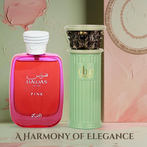 Hawas Pink Eau de Parfum Spray 100ml by Rasasi & Manaal Eau de Parfum Sprays 100ml by Ard Al Zaafaran (Bundle) - Intense Oud