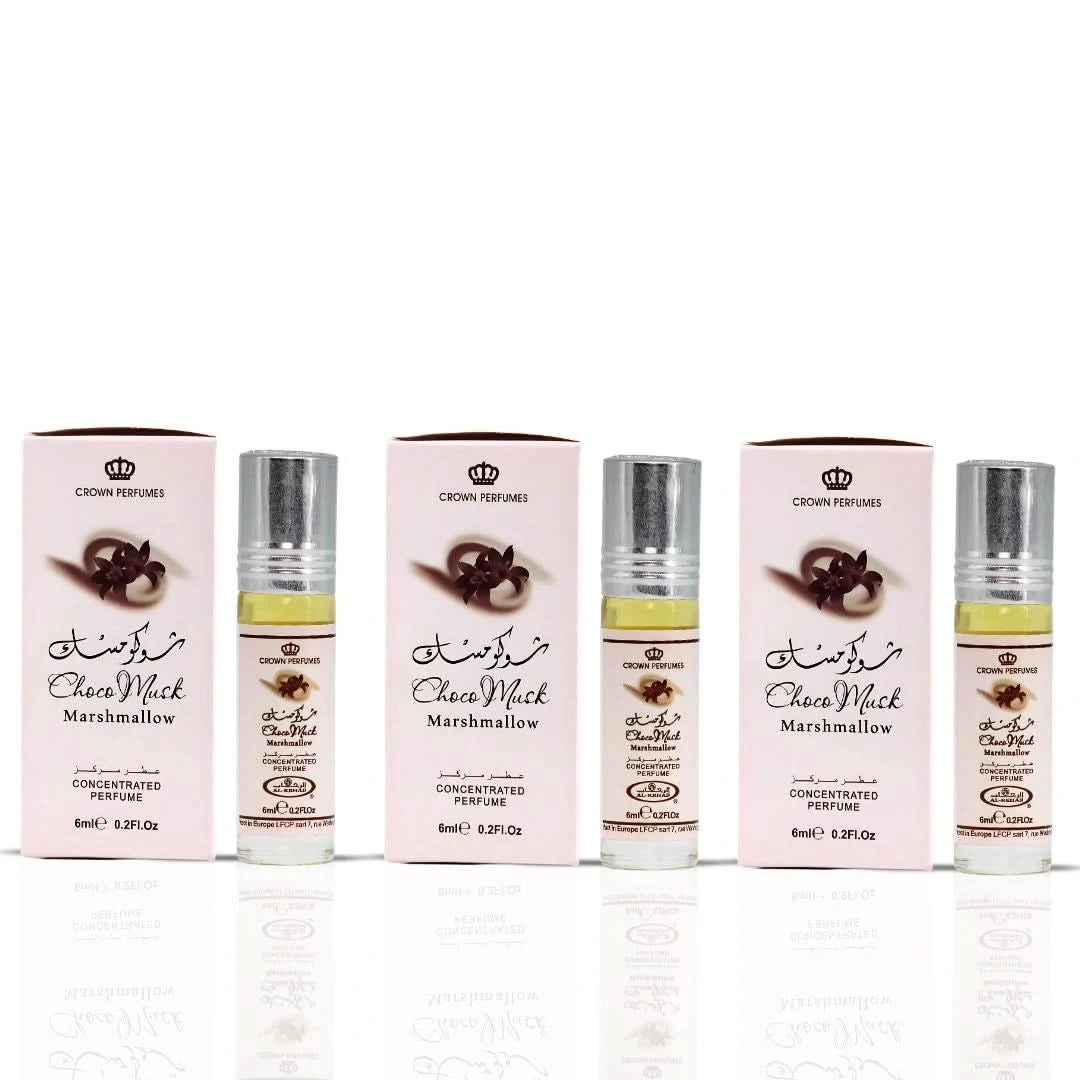 Al Rehab Choco Musk Marshmallow perfume oil bundle with three 6ml bottles, featuring a rich chocolate, musk, and marshmallow scent.