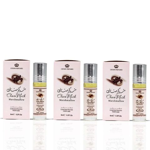 Al Rehab Choco Musk Marshmallow perfume oil bundle with three 6ml bottles, featuring a rich chocolate, musk, and marshmallow scent.