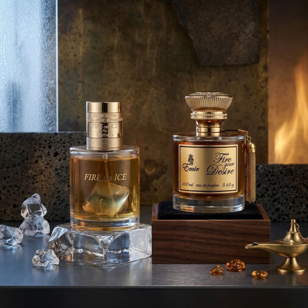 Lattafa Fire On Ice 110ml and Paris Corner Fire Your Desire Emir Eau de Parfum bundle bottles displayed together.