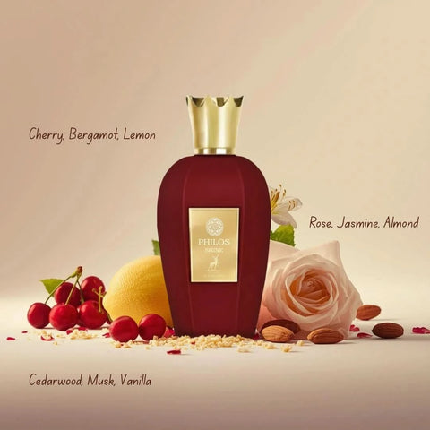 Bundle of six Maison Alhambra Philos Eau de Parfum sprays including Philos Centro, Messenger, Opus Noir, Rosso, and Shine 100ml bottles.