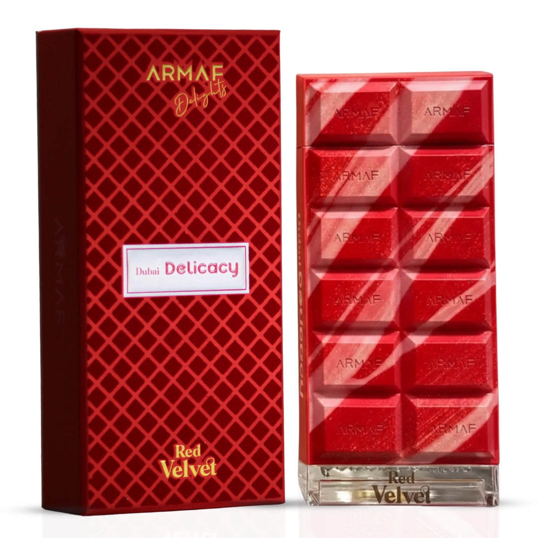 Bundle of Armaf Dubai Delicacy Red Velvet, Kunafa Chocolate, Cotton Candy Eau de Parfum sprays 70ml bottles on a display shelf.