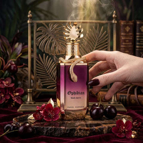 Ophidian Black Cherry Eau de Parfum spray by Paris Corner, 100ml bottle with black and cherry-themed packaging.