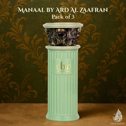 Bundle of three Ard Al Zaafaran Manaal Eau de Parfum Spray bottles, 100ml each, featuring elegant perfume packaging.