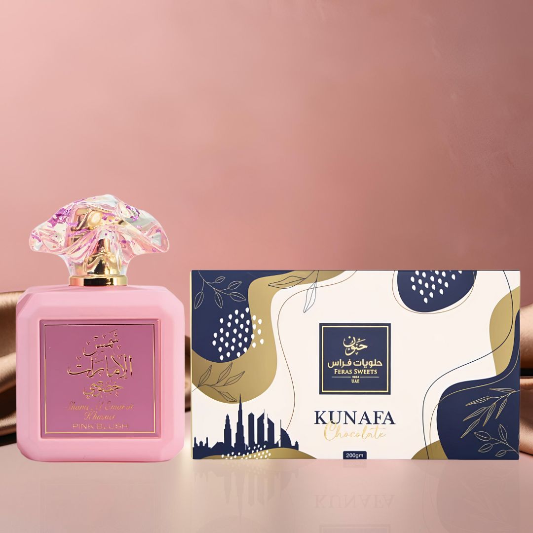 Pink Blush Eau De Parfum Spray 100ML by Ard Al Zaafaran & Dubai Kunafa Chocolate Bar 200GMS by Feras Sweets | The Perfect Gift Pairing—An Enchanting Perfume & a Luxurious Chocolate Treat. (Bundle) - Intense Oud