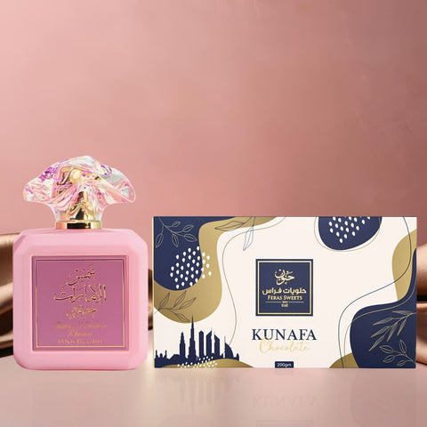 Pink Blush Eau De Parfum Spray 100ML by Ard Al Zaafaran & Dubai Kunafa Chocolate Bar 200GMS by Feras Sweets | The Perfect Gift Pairing—An Enchanting Perfume & a Luxurious Chocolate Treat. (Bundle) - Intense Oud
