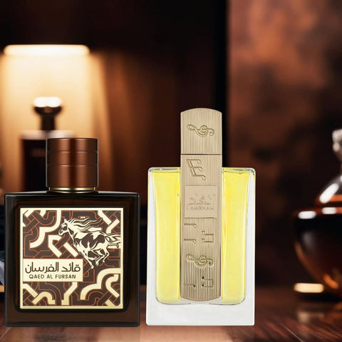 Lattafa Angham 100ml and Qaed Al Fursan Untamed 90ml Eau de Parfum sprays in a bundle, with sleek bottles and elegant packaging.