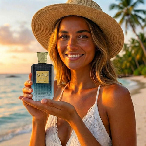 Khadlaj Island Dreams Eau de Parfum spray 100ml bottle with elegant design and floral fragrance details.
