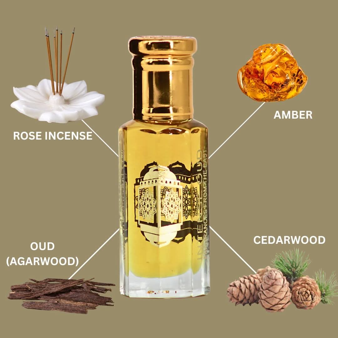 Bengal Oud Perfume Oil 12ml by Intense Oud in a black gift box, featuring a clear glass bottle with elegant oil inside.