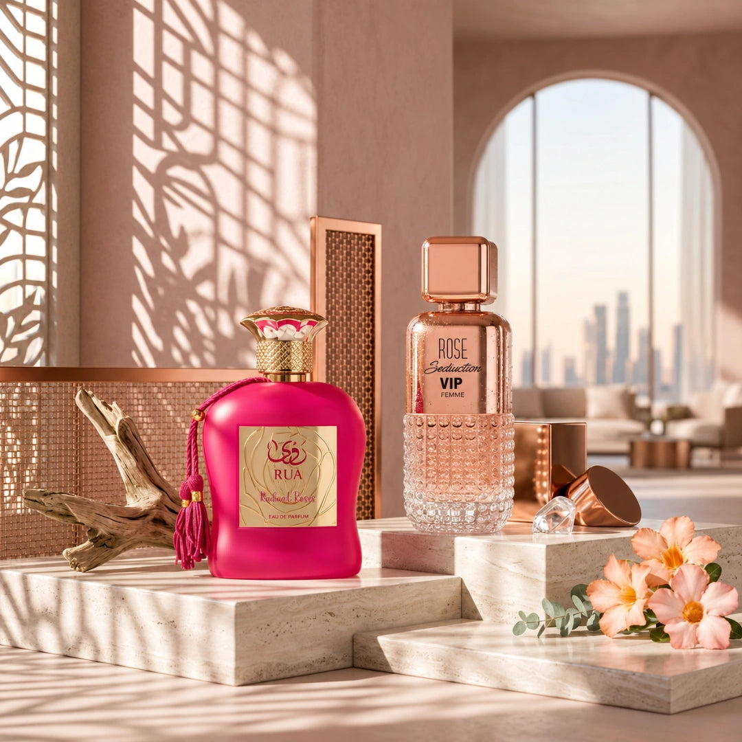 Bundle of Intense Oud Rose Seduction VIP Pour Femme and Rua Radiant Roses Eau de Parfum sprays in 100ml bottles, featuring floral fragrances.