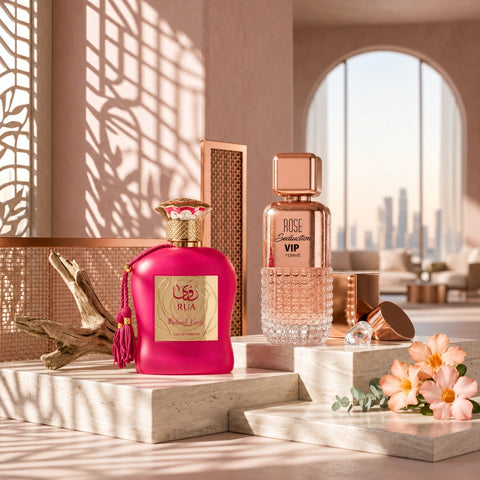 Bundle of Intense Oud Rose Seduction VIP Pour Femme and Rua Radiant Roses Eau de Parfum sprays in 100ml bottles, featuring floral fragrances.