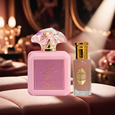 Bundle of Pink Blush Eau de Parfum spray by Ard Al Zaafaran and Pink Musk perfume oil by Intense Oud, featuring the bottles and packaging.