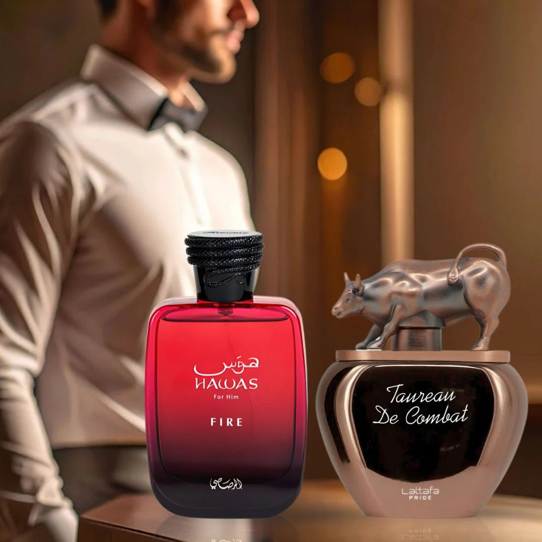 Hawas Fire for Men by Rasasi & Taureau De Combat by Lattafa Pride - Eau de Parfum Sprays 100ml | The Fresh and The Fierce: Redefine Your Presence (Bundle) - Intense Oud