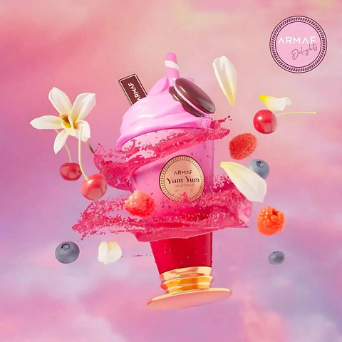 Armaf Delights Yum Yum Eau de Parfum Spray 100ml with velvet pouch, showcasing the elegant perfume bottle and packaging.