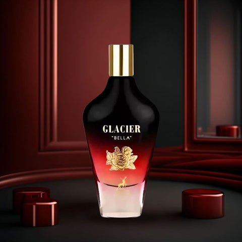 Maison Alhambra Glacier Bella Eau de Parfum spray 100ml with velvet pouch, elegant glass bottle with floral design