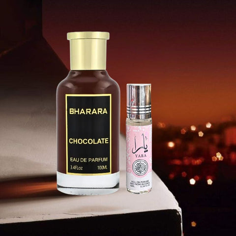 Bharara Chocolate EDP Spray 100ML (3.4 OZ) By BHARARA & YARA Roll On Perfume Oil CPO 10ML (0.34 OZ) By Ard Al Zaafaran | A Duo Of Rich Sweetness & Sweet Tropical Elegance. (BUNDLE) - Intense Oud
