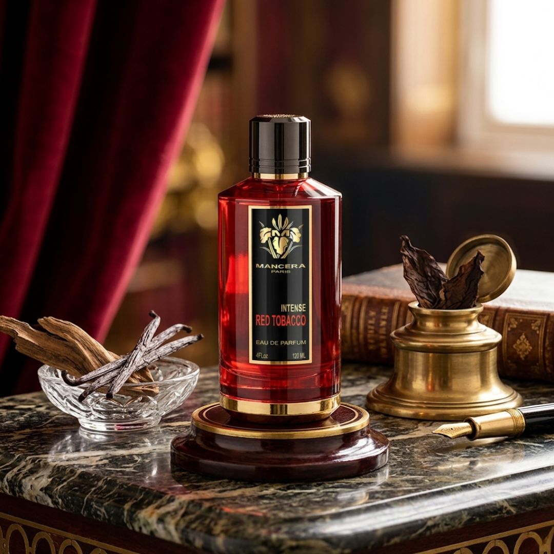 Red Tobacco Eau de Parfum Spray by Mancera, 120ml bottle, featuring a sleek red and black design with the parfum spray nozzle visible.