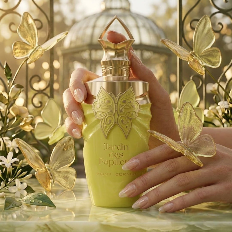 Jardin des Papillons Eau de Parfum spray by Paris Corner, 100ml bottle with floral and butterfly-inspired design.