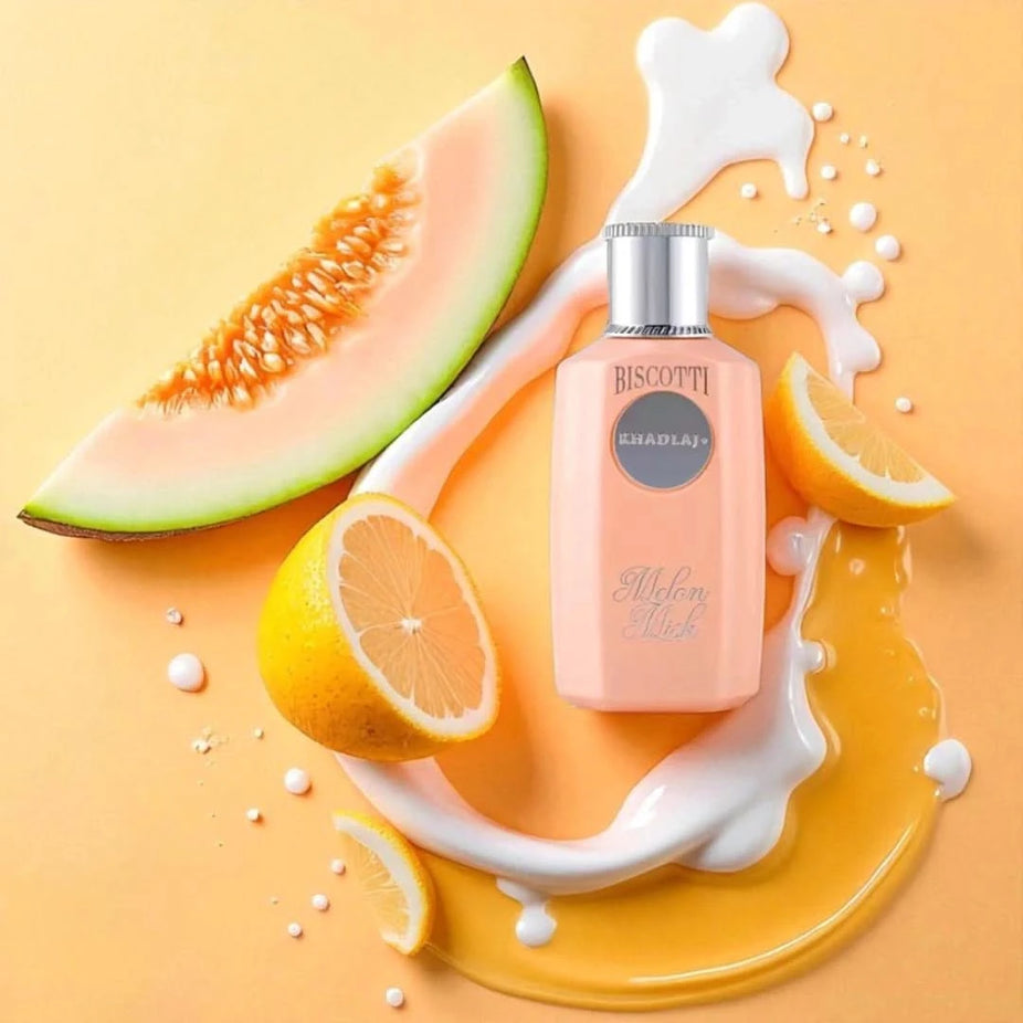 Khadlaj Biscotti Melon Misk Eau de Parfum spray bottle, 100ml, featuring elegant packaging and a melon-inspired fragrance design.
