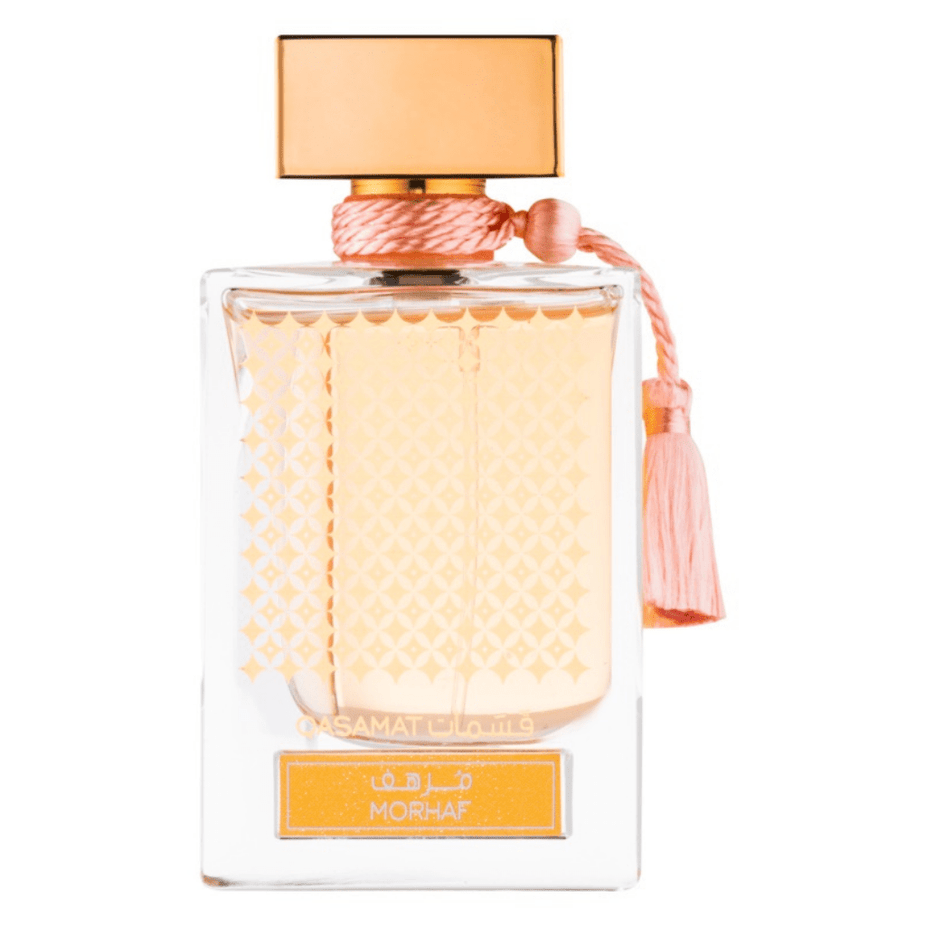 Qasamat Morhaf Eau de Parfum Spray by Rasasi, 65ml bottle, elegant packaging, showcasing the fragrance bottle and design details.