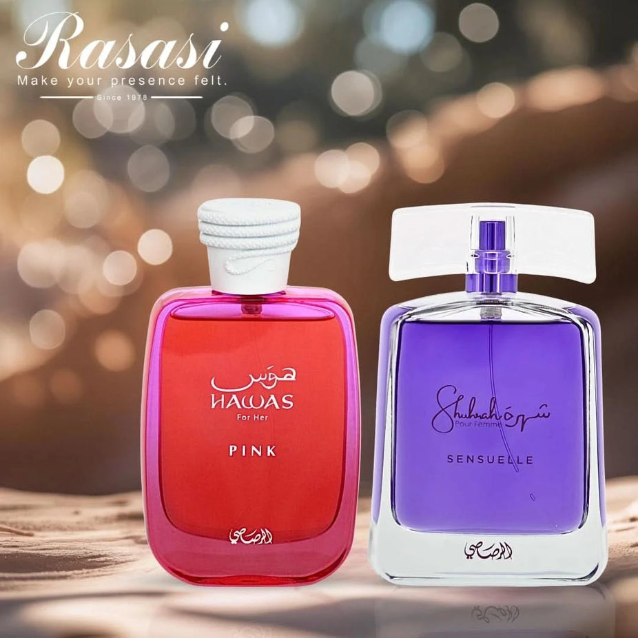 Rasasi Hawas Pink 100ml and Shuhrah Sensuelle 90ml perfume spray bundle with sleek bottles and elegant packaging.