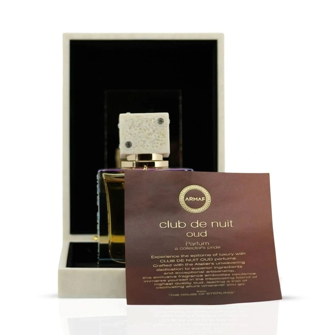 Armaf Club De Nuit Oud I Eau de Parfum spray bottle, 105ml, with sleek dark packaging and elegant design.