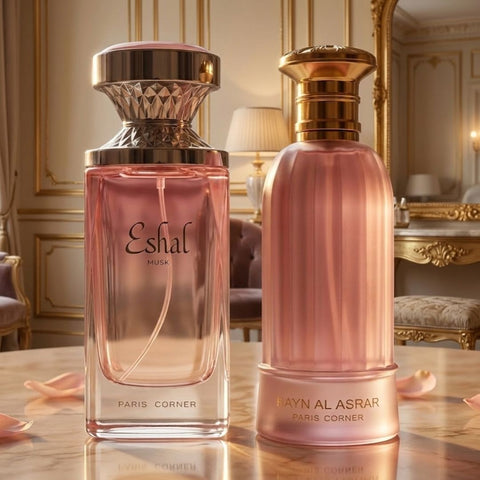 Paris Corner perfume bundle featuring Eshal Musk 100ml and Bayn Al Asrar 80ml Eau de Parfum sprays, with their elegant bottles.