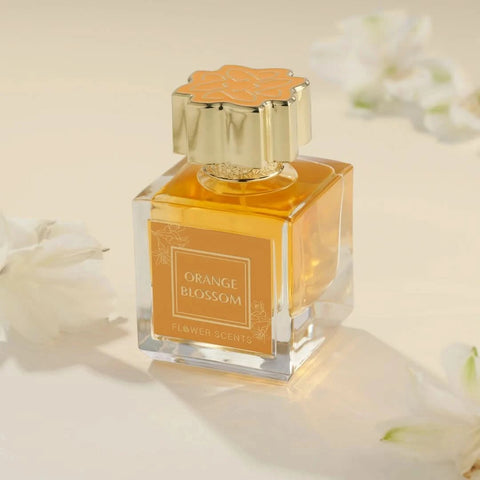 Flower Scents Orange Blossom Eau de Parfum spray in a 65ml bottle with velvet pouch, showcasing the elegant fragrance packaging.