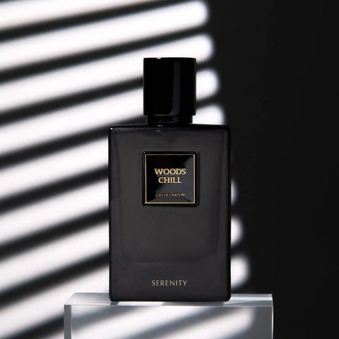 Serenity Woods Chill Eau de Parfum spray bottle, 50ml, with elegant packaging and a sleek design, showcasing the Serenity brand.