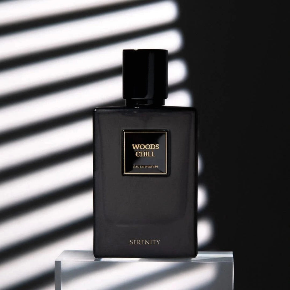 Serenity Woods Chill Eau de Parfum spray bottle, 50ml, with elegant packaging and a sleek design, showcasing the Serenity brand.