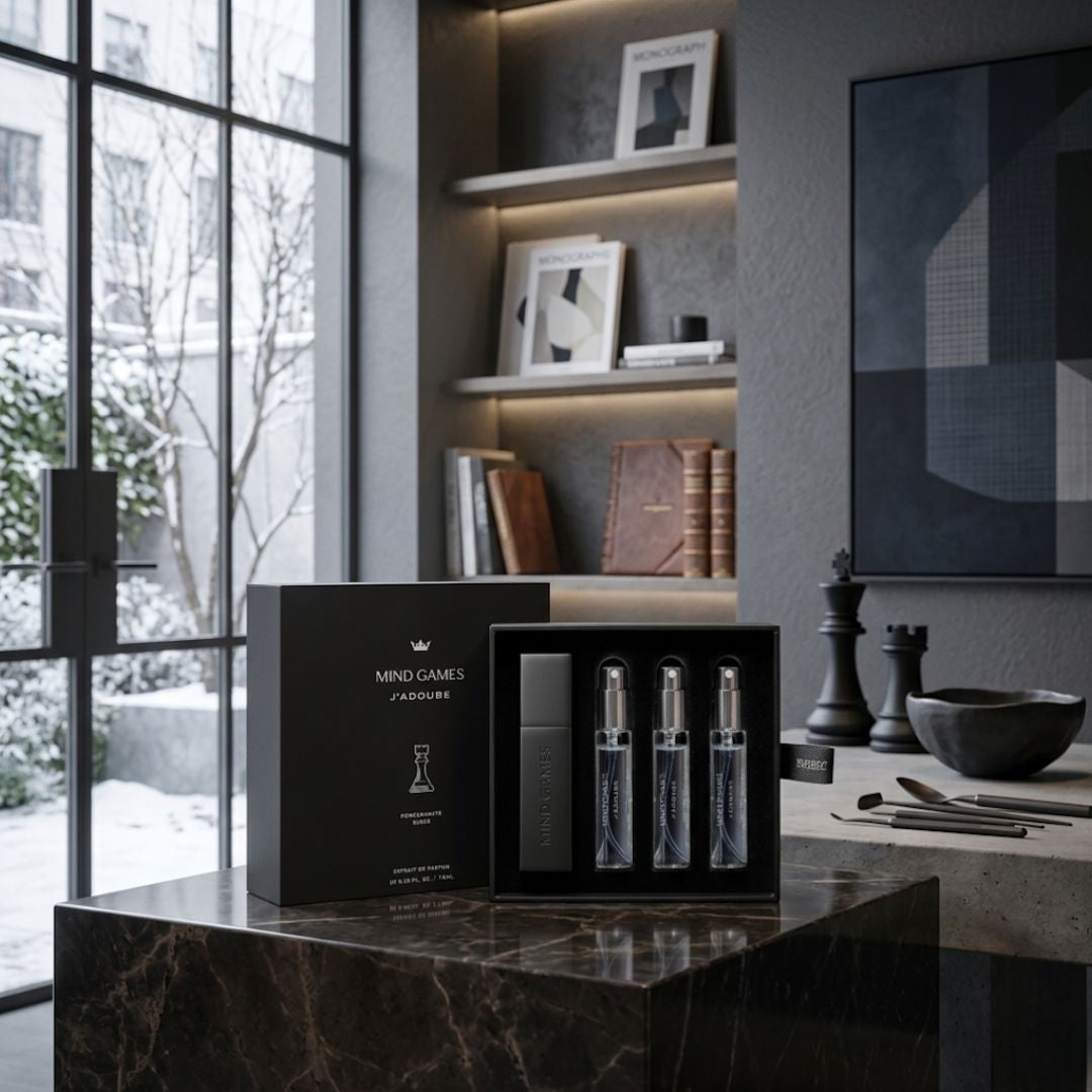Mind Games J’Adoube Travel Trio collection with three 7.5ml bottles of game lubricant in a compact set.