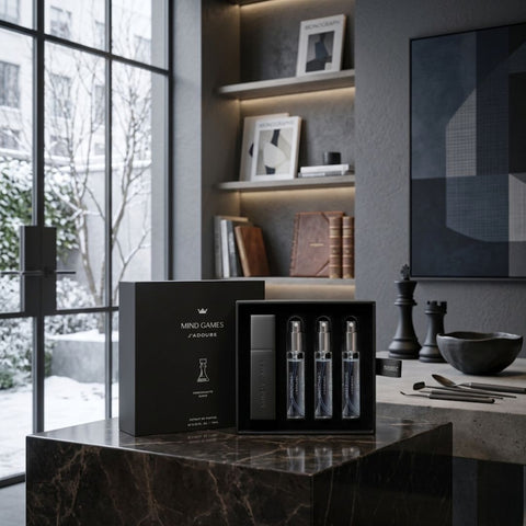 Mind Games J’Adoube Travel Trio collection with three 7.5ml bottles of game lubricant in a compact set.
