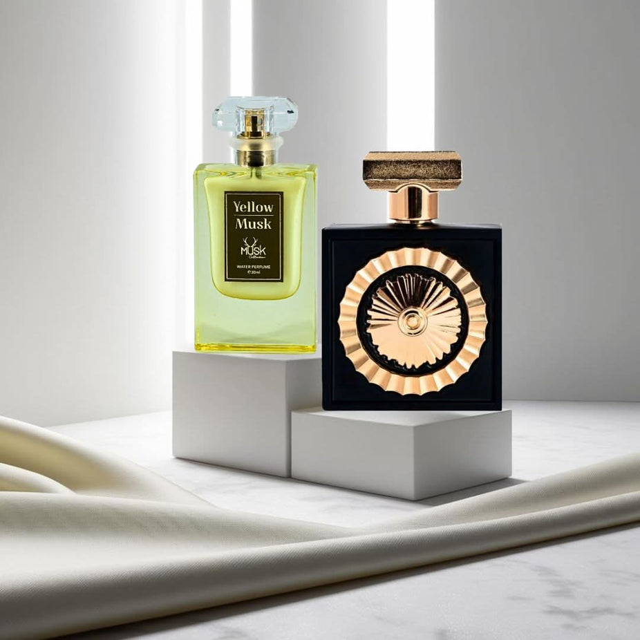 Intense Oud perfume bundle featuring Nebras Eau de Parfum Spray 100ml and Yellow Musk Water perfume 30ml by Lattafa and Hamidi