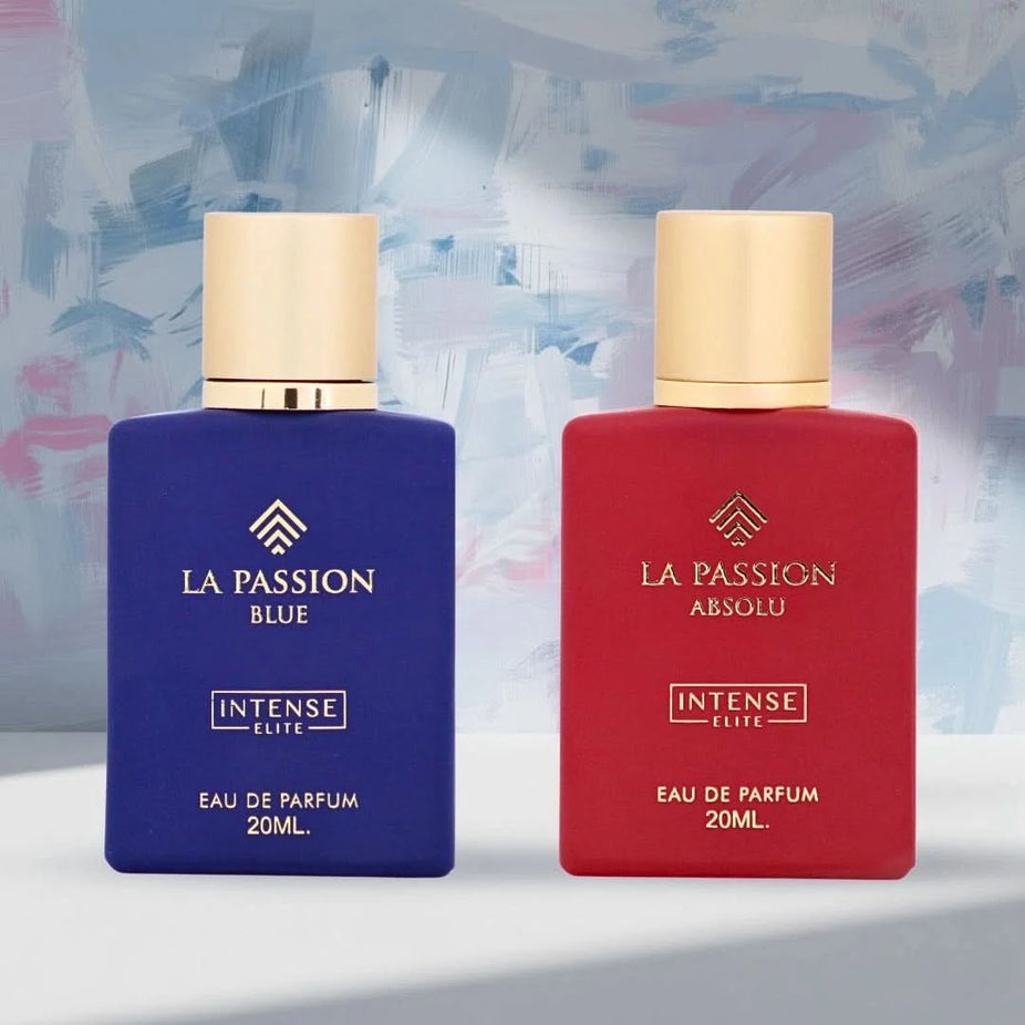 Bundle of two Intense Elite La Passion Blue and La Passion Absolu Eau de Parfum sprays, 20ml each, featuring sleek blue bottles.