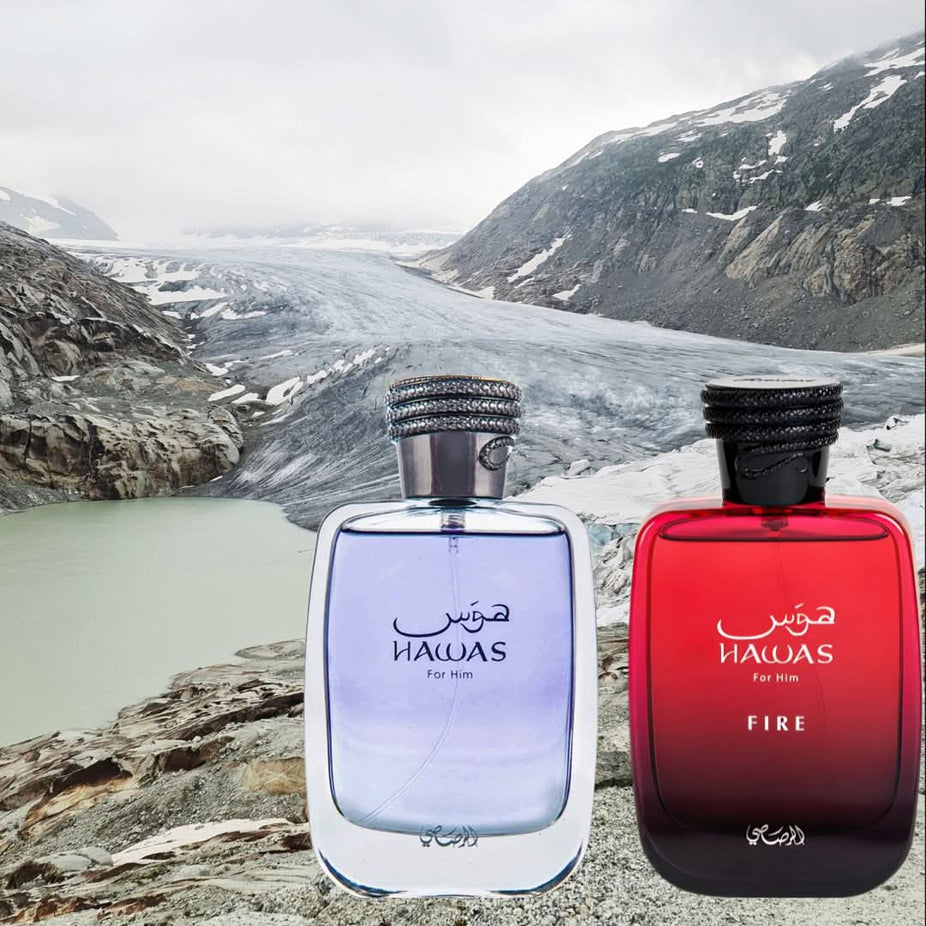 Rasasi Hawas for Him and Hawas Fire Eau de Parfum sprays in 100ml bundle, featuring sleek bottles with vibrant labels.