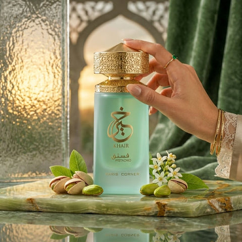 Paris Corner Khair Pistachio Eau de Parfum spray 100ml bottle with elegant packaging and pistachio scent accents.