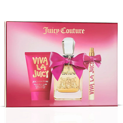 Juicy Couture Viva La Juicy 3pc Gift Set (3.4 oz EDP, 4.2 oz Body Souffle, 0.33 oz EDP) | Triple the Sweetness – Spray, Smooth & Spritz Again - Intense Oud
